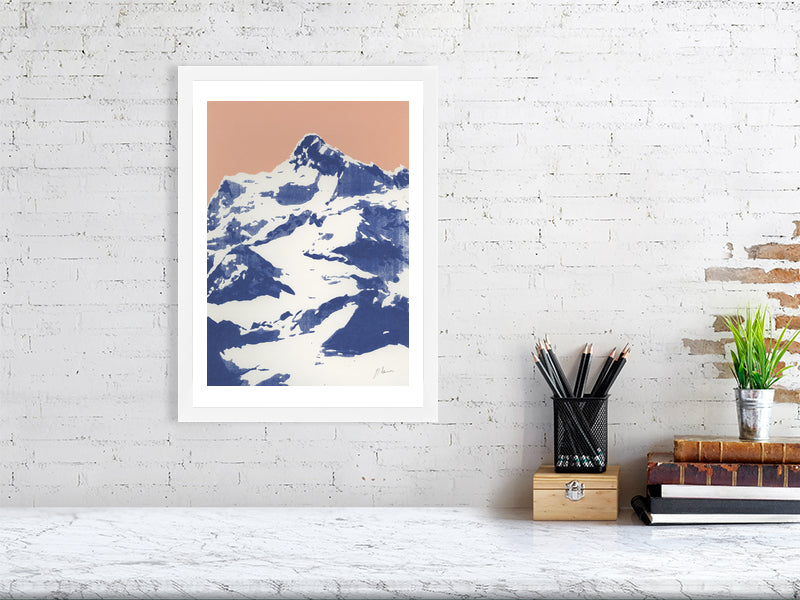 Framed silkscreen print of a mountain. Contemporary art for interior designers
