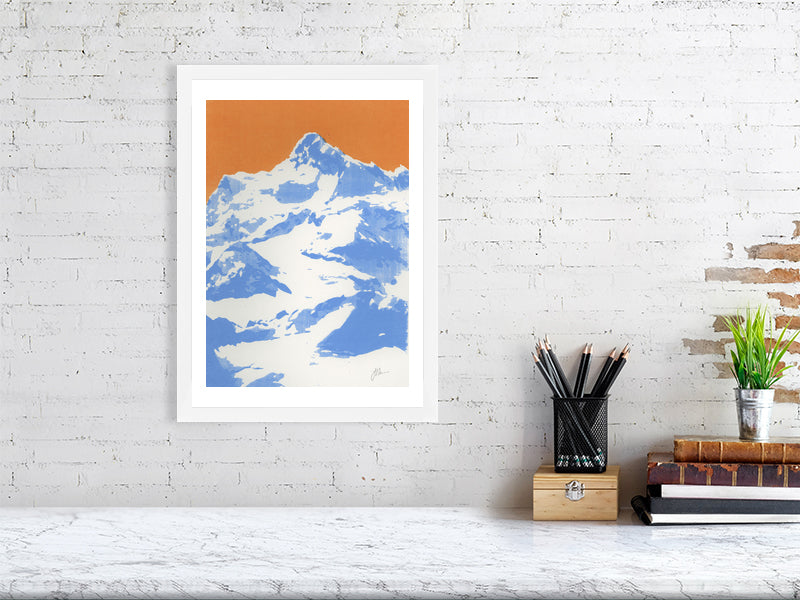 Framed silkscreen print of a mountain.