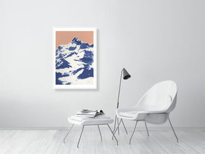 Framed silkscreen print of a mountain. Contemporary art for interior designers